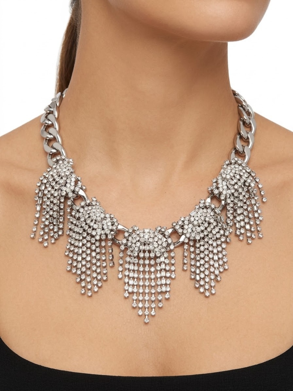 Banana Republic Crystal Fringe Statement Necklace - Silver
